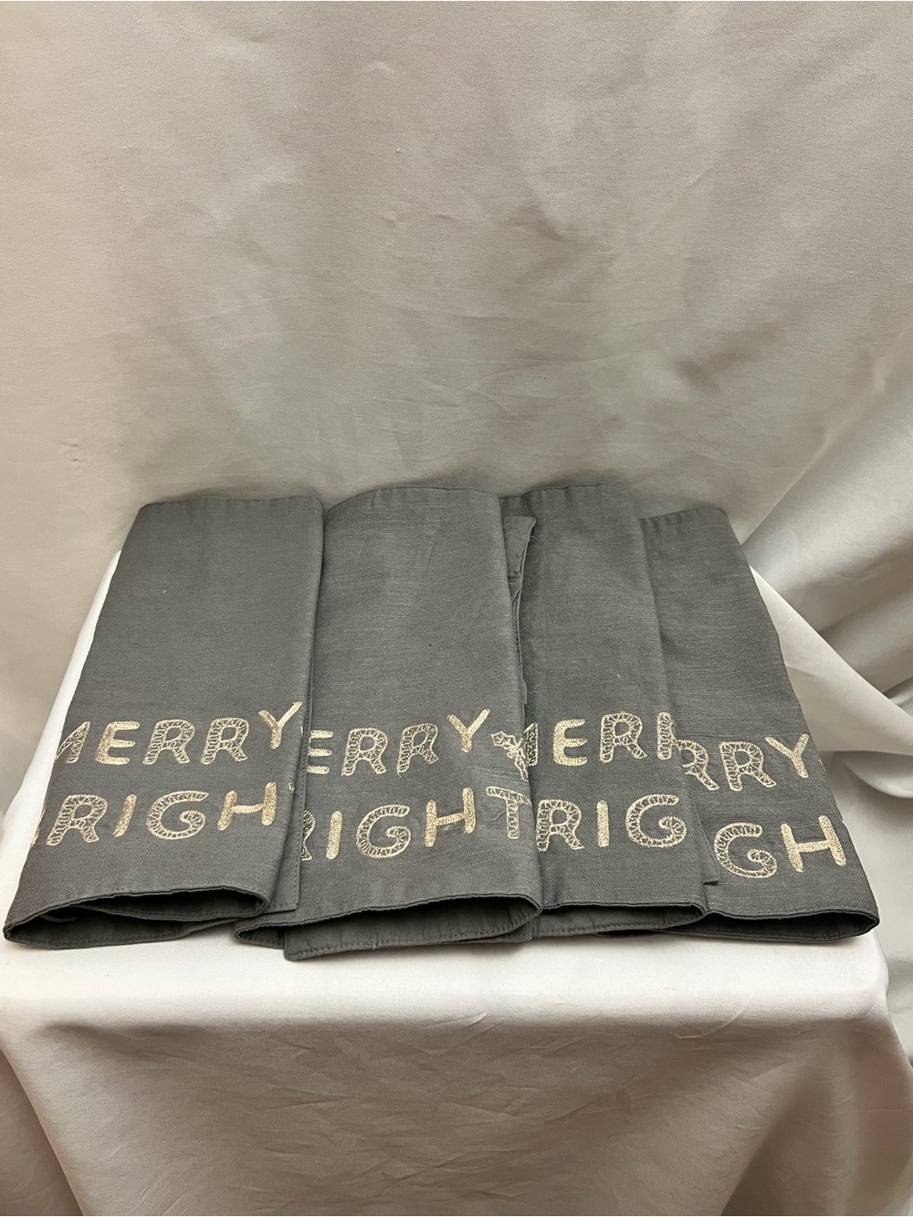 Handmade Set of 4 Merry & Bright Christmas Placemats Gray Embroidered Holiday